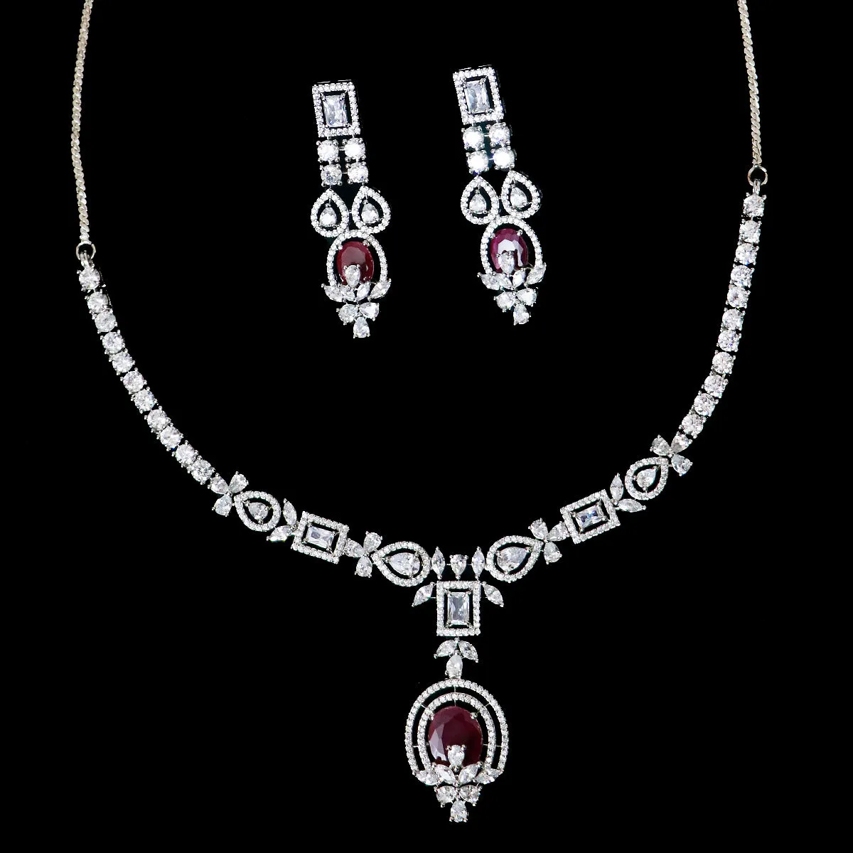 Designer Semi-Precious American Diamond & Ruby Necklace with Earrings (D483)