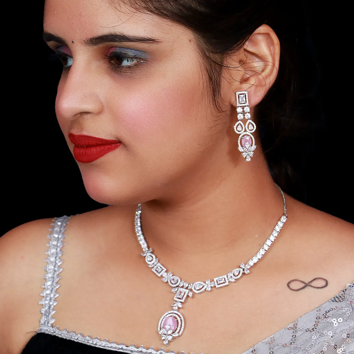 Designer Semi-Precious American Diamond & Ruby Necklace with Earrings (D483)