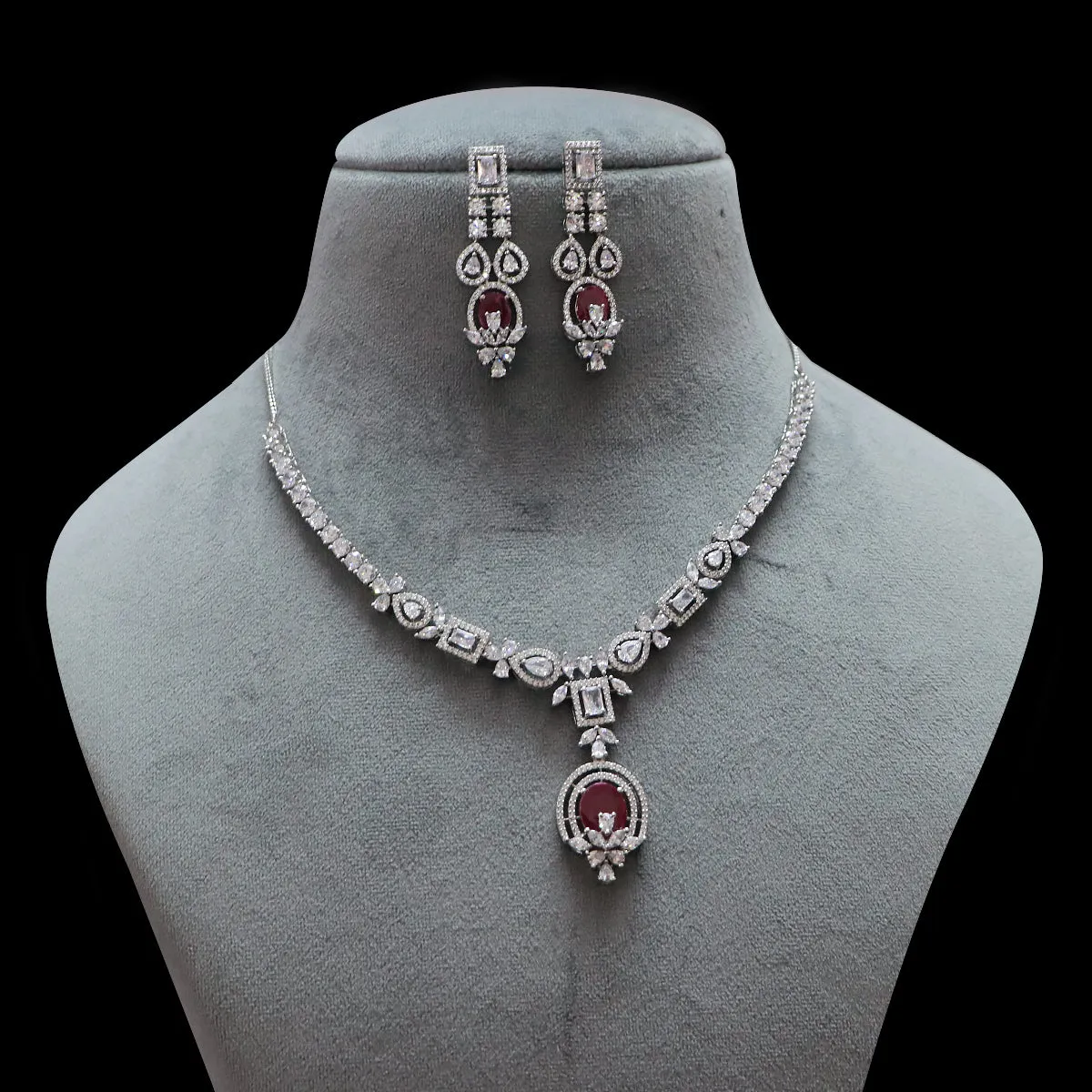 Designer Semi-Precious American Diamond & Ruby Necklace with Earrings (D483)