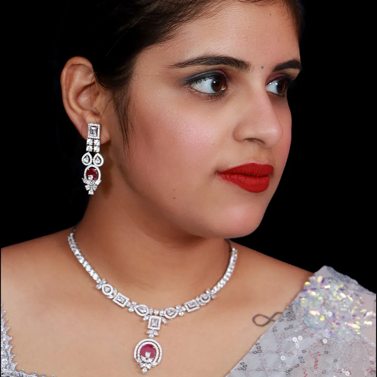 Designer Semi-Precious American Diamond & Ruby Necklace with Earrings (D483)