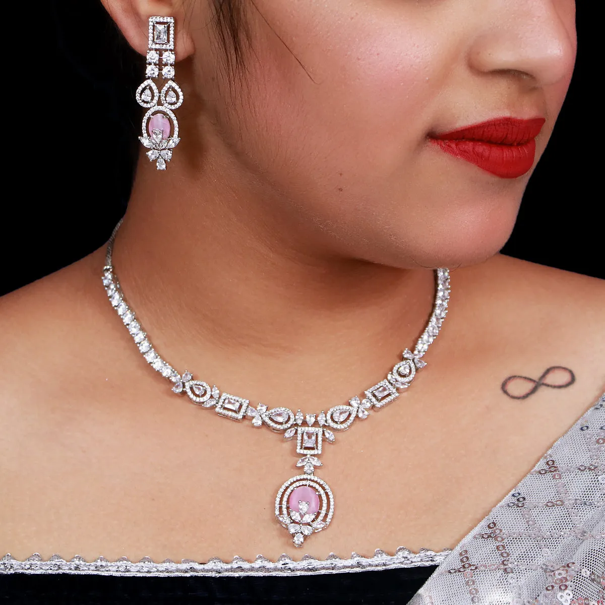 Designer Semi-Precious American Diamond & Ruby Necklace with Earrings (D483)