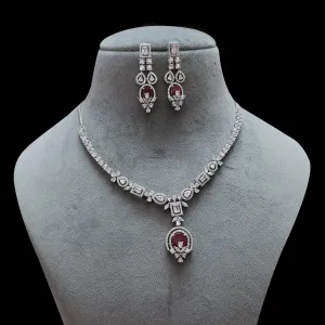 Designer Semi-Precious American Diamond & Ruby Necklace with Earrings (D483)