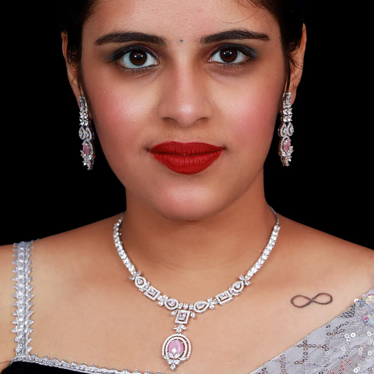 Designer Semi-Precious American Diamond & Ruby Necklace with Earrings (D483)