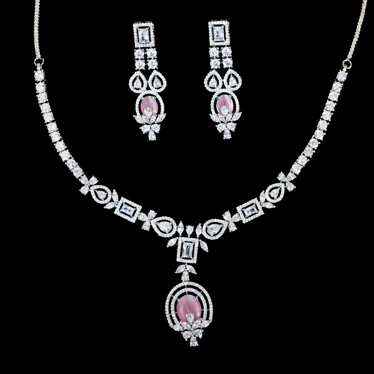 Designer Semi-Precious American Diamond & Ruby Necklace with Earrings (D483)