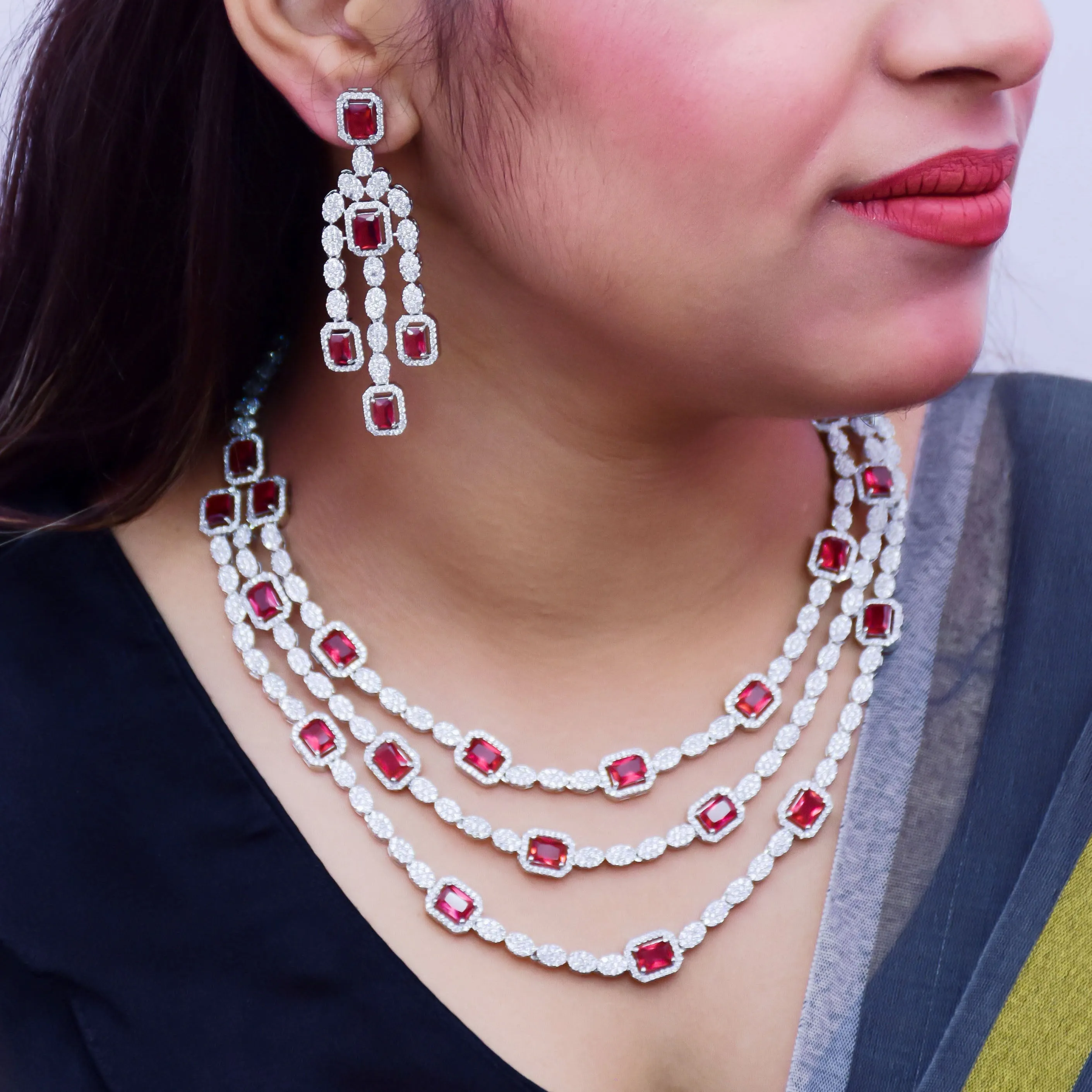 Designer Semi-Precious American Diamond & Ruby Necklace with Earrings (D660)