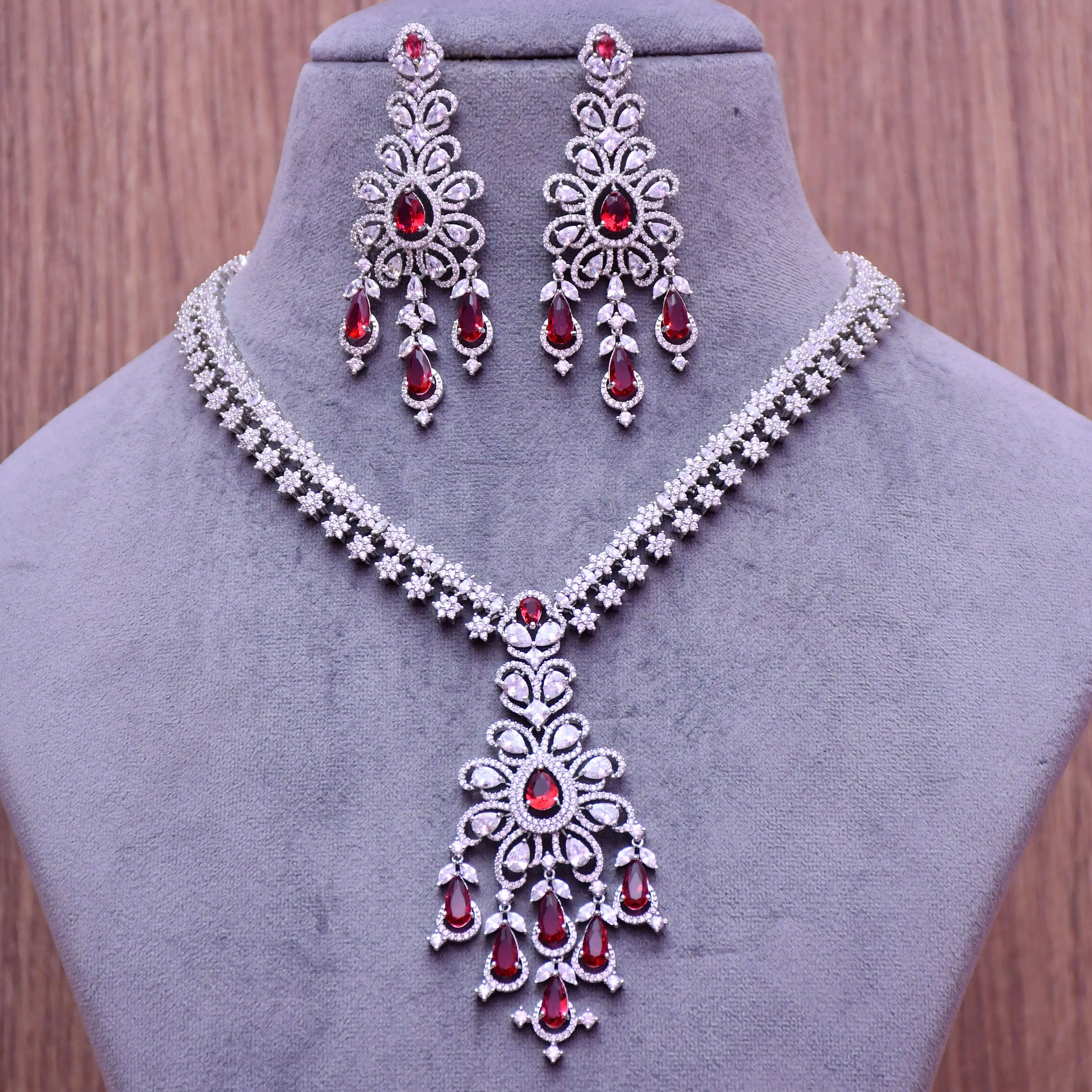 Designer Semi-Precious American Diamond & Ruby Necklace with Earrings (D666)