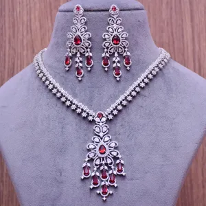 Designer Semi-Precious American Diamond & Ruby Necklace with Earrings (D666)