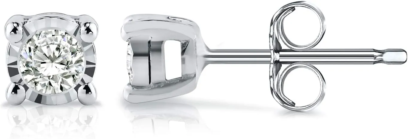 Diamond Wish Sterling Silver Round Diamond Stud Earrings (0.08 cttw) 4-Prong Basket Set, Push-Back Clasps