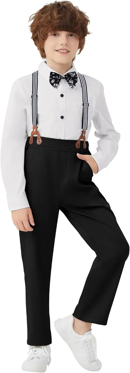 DISAUR Boy Formal Suits Wedding Outfit Long Sleeve Button Down Dress Shirt Bow Tie Suspender Pants Gentleman for 5-9 Years