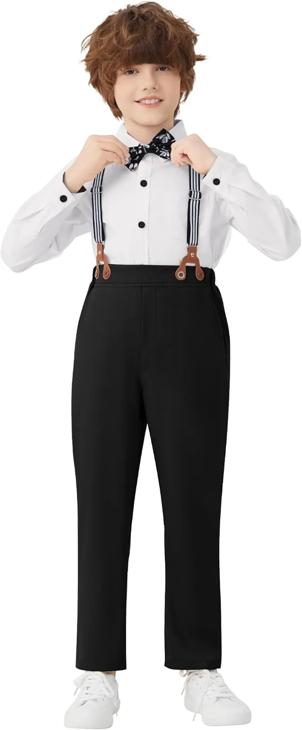 DISAUR Boy Formal Suits Wedding Outfit Long Sleeve Button Down Dress Shirt Bow Tie Suspender Pants Gentleman for 5-9 Years