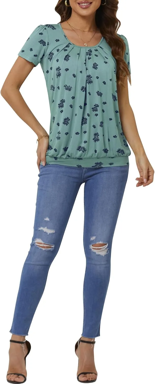 DJT Women's Short Sleeve Summer Tops Scoop Neck Pleated Front Casual Tee T Shirt