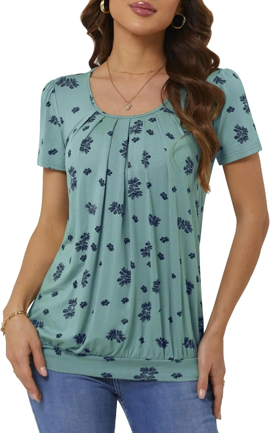 DJT Women's Short Sleeve Summer Tops Scoop Neck Pleated Front Casual Tee T Shirt