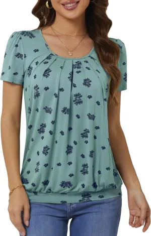 DJT Women's Short Sleeve Summer Tops Scoop Neck Pleated Front Casual Tee T Shirt