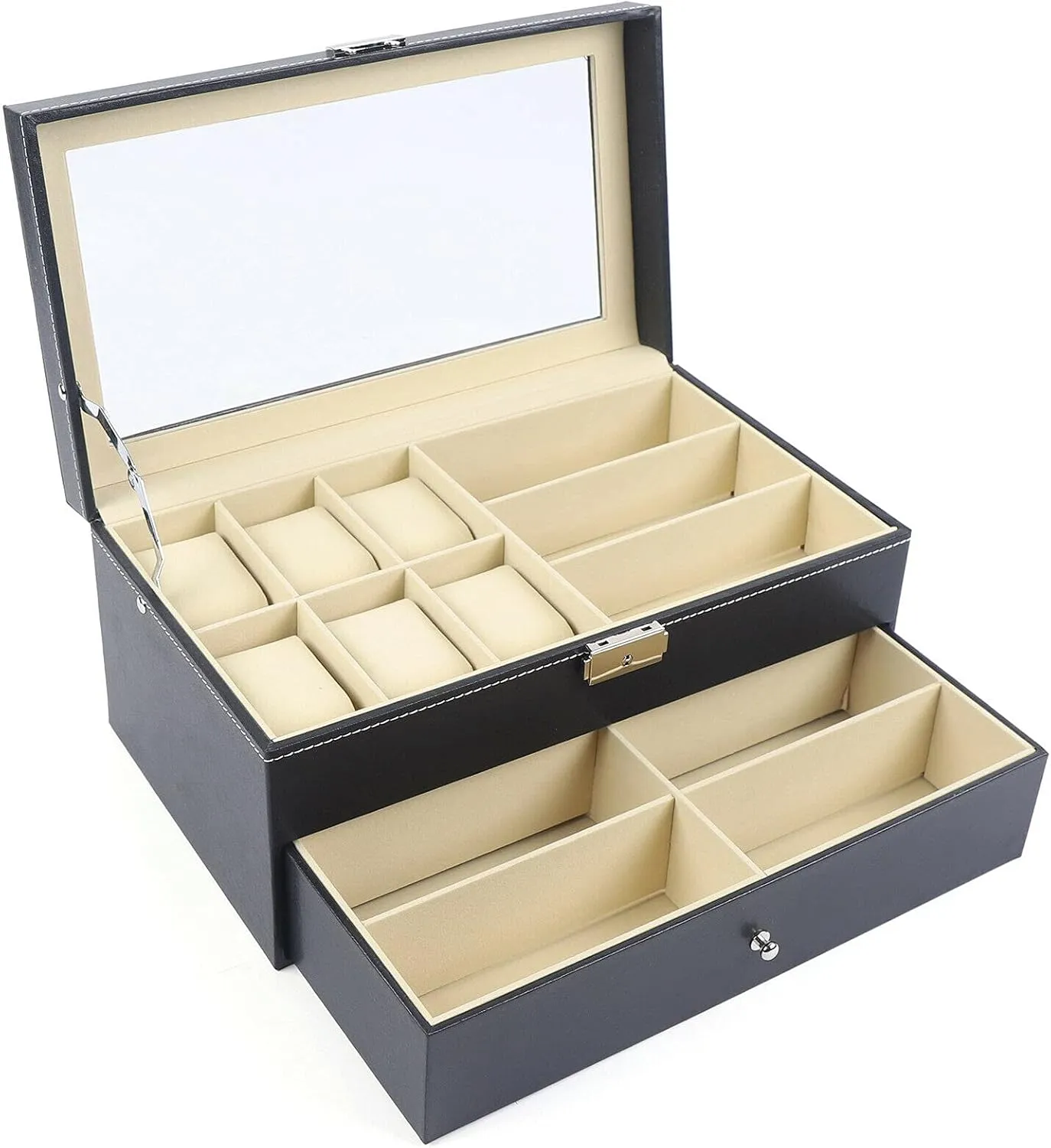 DNYSYSJ Pu Leather Jewelry Storage Box Muitifunctional Watch Storage Box Earrings Bracelets Ring Storge Display Case Ideal Gift for Women Girls Girlfriend (15 Slots)