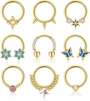 Dochais 9PCS Septum Rings 16G Septum Rings for Women Surgical Steel Nose Rings Hoops Clicker Ring Nose Rings CZ Opal Helix Tragus Hoop Daith Cartilage Piercing Jewelry
