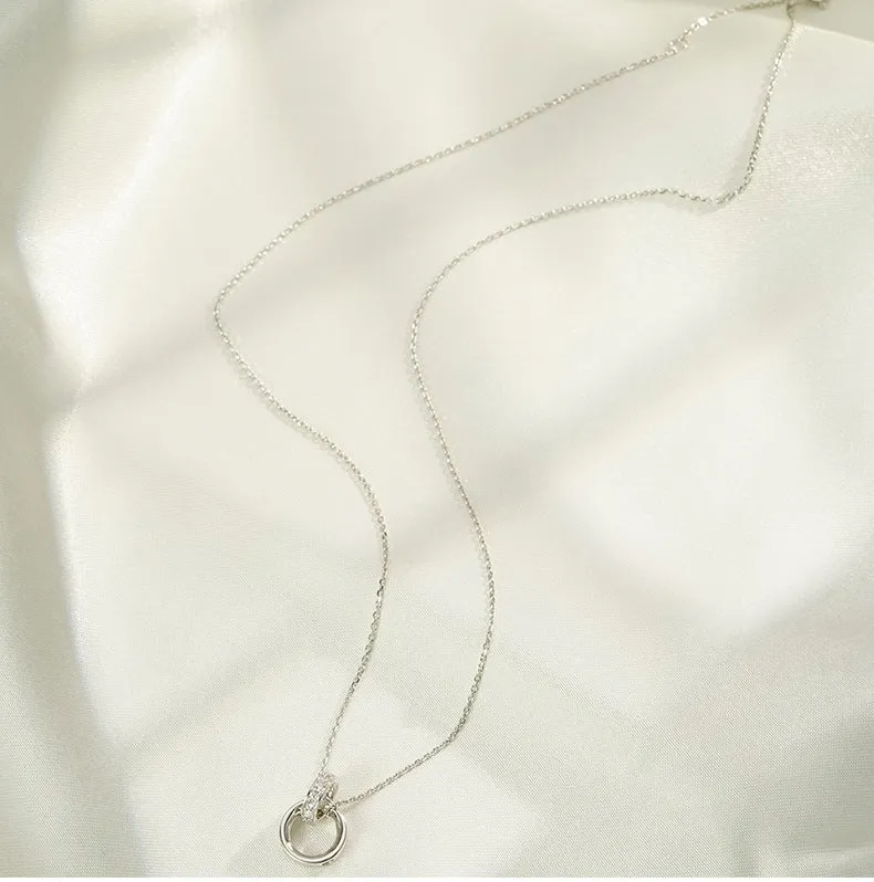 Double Ring Interlocking Zircon Silver Necklace