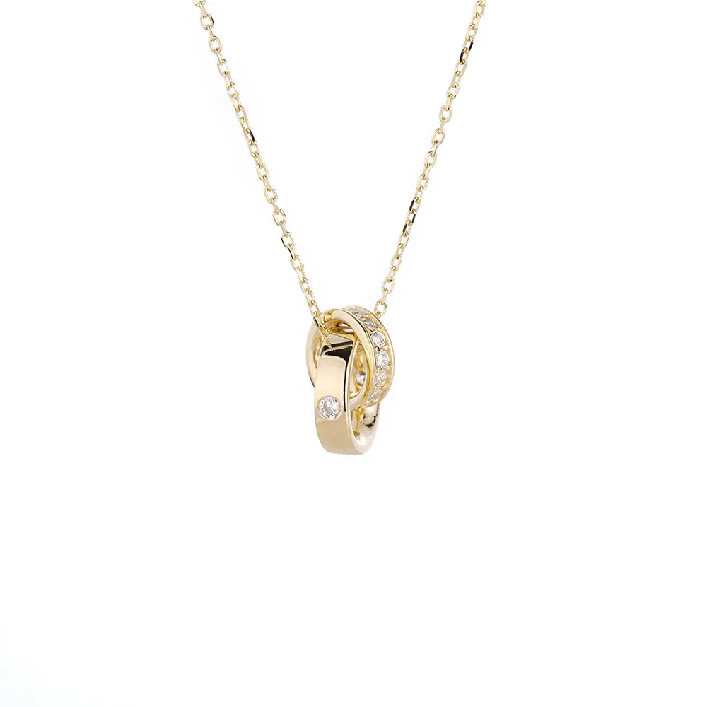 Double Ring Interlocking Zircon Silver Necklace