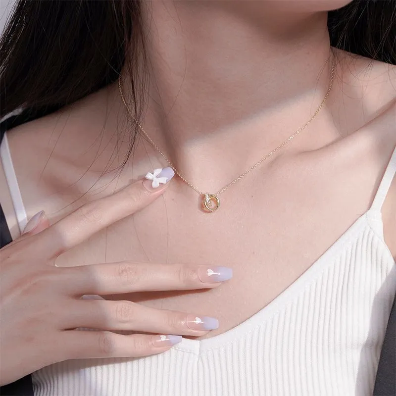 Double Ring Interlocking Zircon Silver Necklace