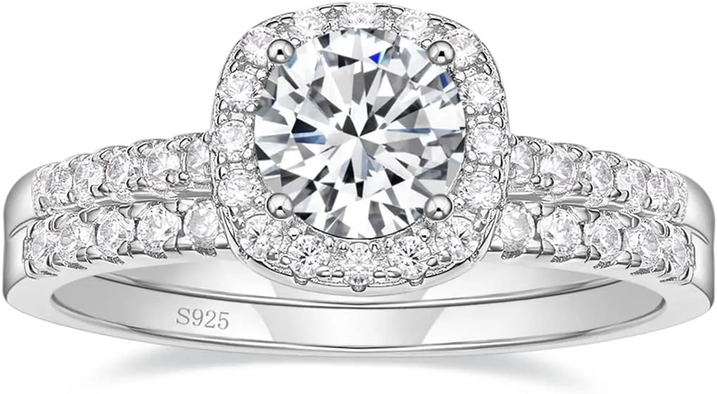 EAMTI 1.25CT 925 Sterling Silver Bridal Rings Sets Cubic Zirconia Halo CZ Engagement Wedding Bands for Women Promise Rings for Her Size 4-11