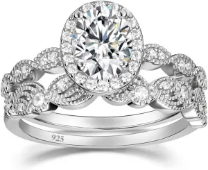 EAMTI 1.5CT 925 Sterling Silver Bridal Rings Sets Oval Cubic Zirconia Halo CZ Engagements Wedding Bands for Women Promise Rings for Her Size 4-11