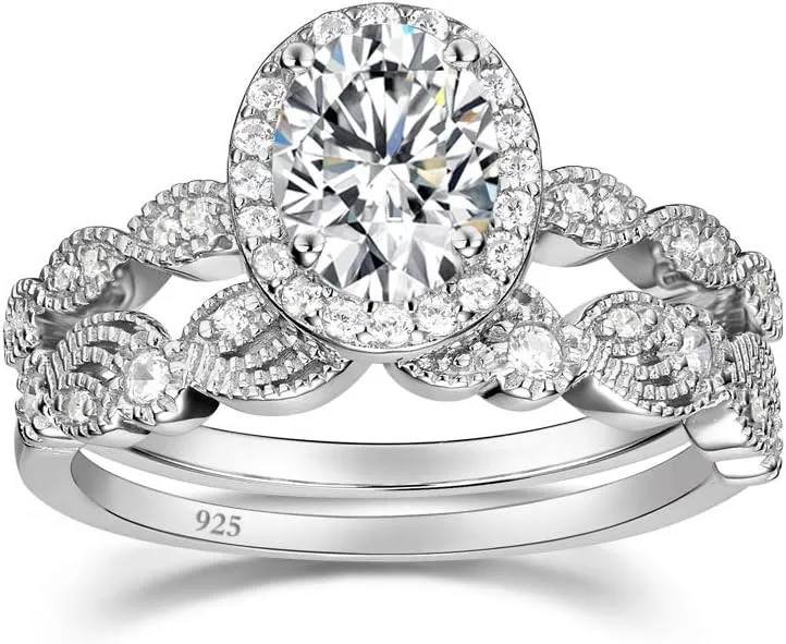 EAMTI 1.5CT 925 Sterling Silver Bridal Rings Sets Oval Cubic Zirconia Halo CZ Engagements Wedding Bands for Women Promise Rings for Her Size 4-11