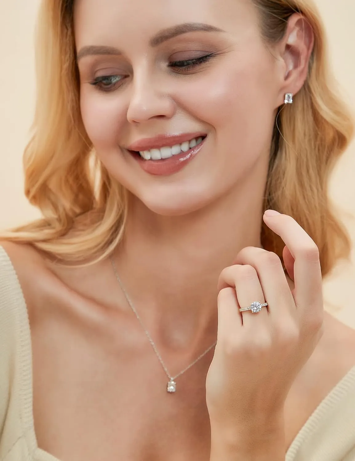 EAMTI 925 Sterling Silver 1.25 CT Round Solitaire Cubic Zirconia Engagement Ring Halo Promise Ring Size 3-13
