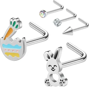 Easter Nose Studs Nostril Rings, Rabbit Pattern Stainless Steel Nose Rings l Shaped Nostril Stud, Corkscrew Nose Piercings Jewelry in Cute Easter Eggs Bunny 20G