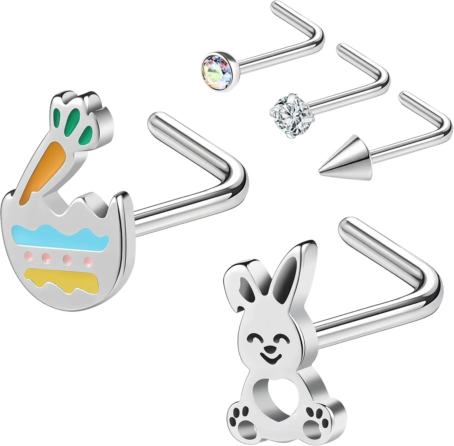 Easter Nose Studs Nostril Rings, Rabbit Pattern Stainless Steel Nose Rings l Shaped Nostril Stud, Corkscrew Nose Piercings Jewelry in Cute Easter Eggs Bunny 20G