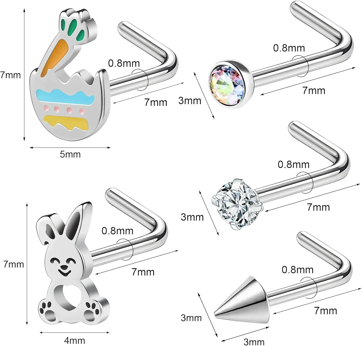 Easter Nose Studs Nostril Rings, Rabbit Pattern Stainless Steel Nose Rings l Shaped Nostril Stud, Corkscrew Nose Piercings Jewelry in Cute Easter Eggs Bunny 20G