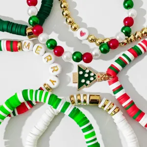 Eioi & Lmnm 7-Piece Boho Clay Heishi Bracelet Set, Stretchy Christmas Layering Bracelets, Perfect for Gifting