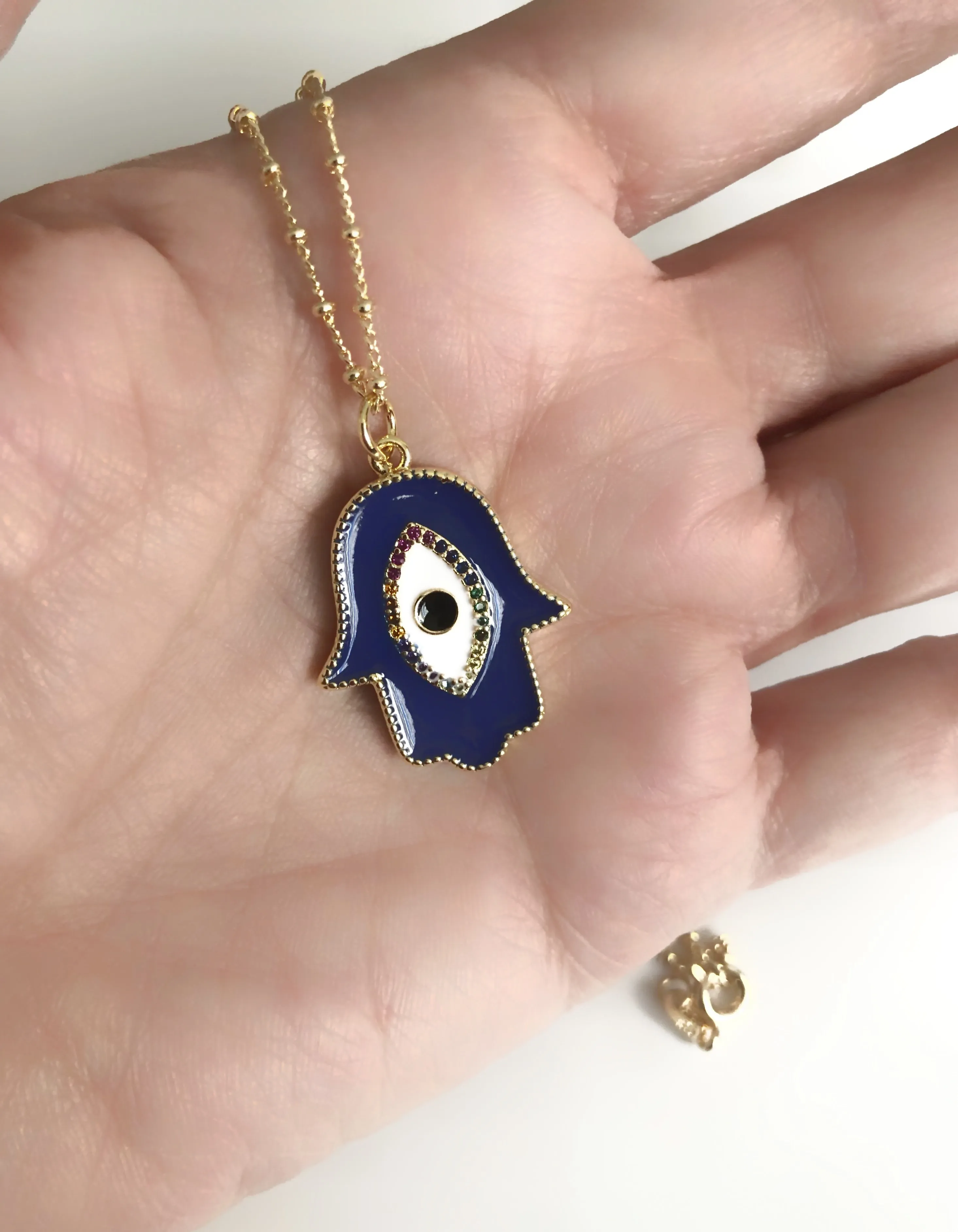 Enameled Royal Blue Hamsa Hand Evil Eye Necklace