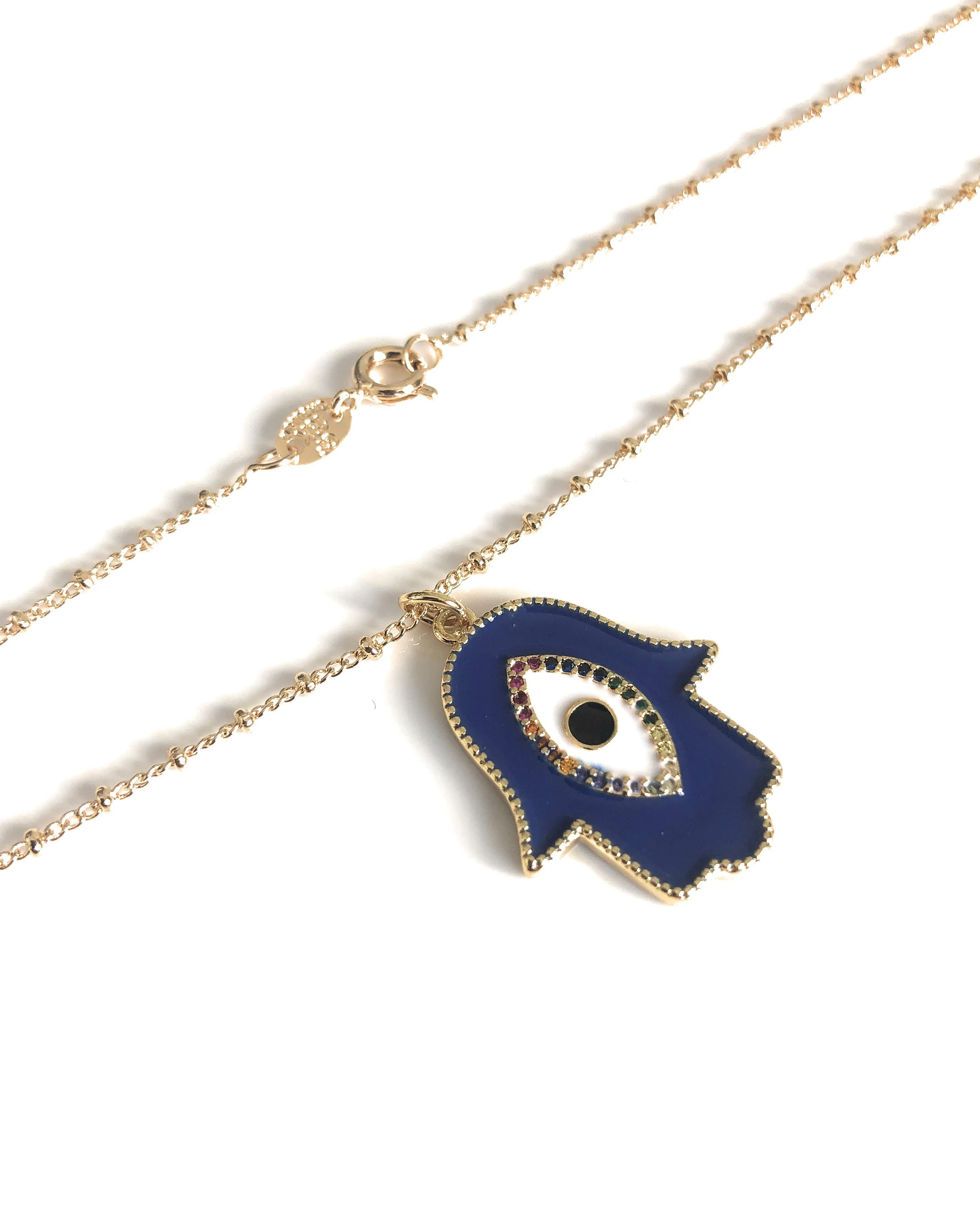 Enameled Royal Blue Hamsa Hand Evil Eye Necklace