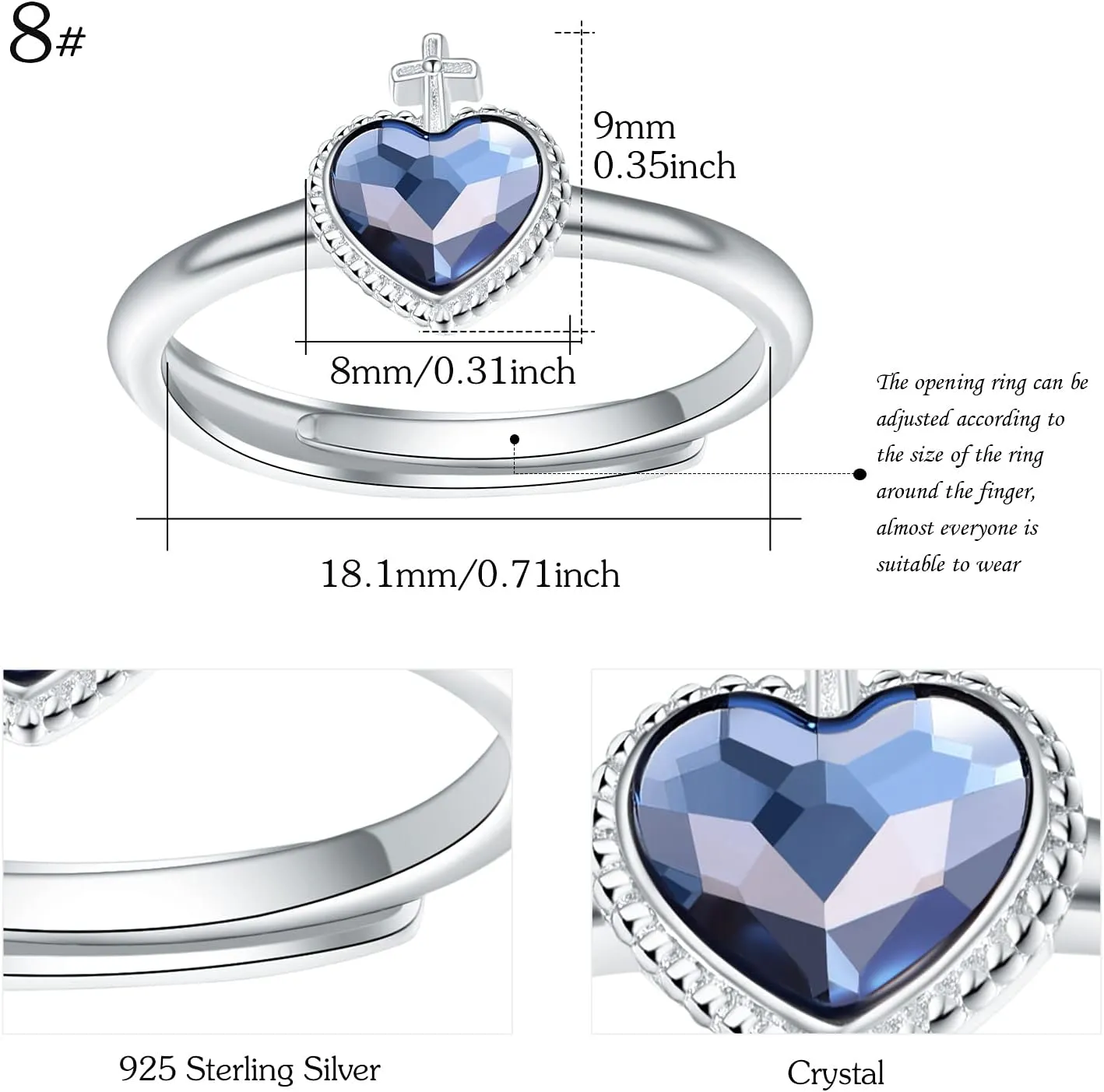 Engagement Ring 925 Sterling Silver Celtic Heart Crystal Irish Adjustable I Am Enough Rings/Crown/Cross/Angel Wing Anxiety Rings for Women I am Enough Jewelry Graduation Gifts for Women