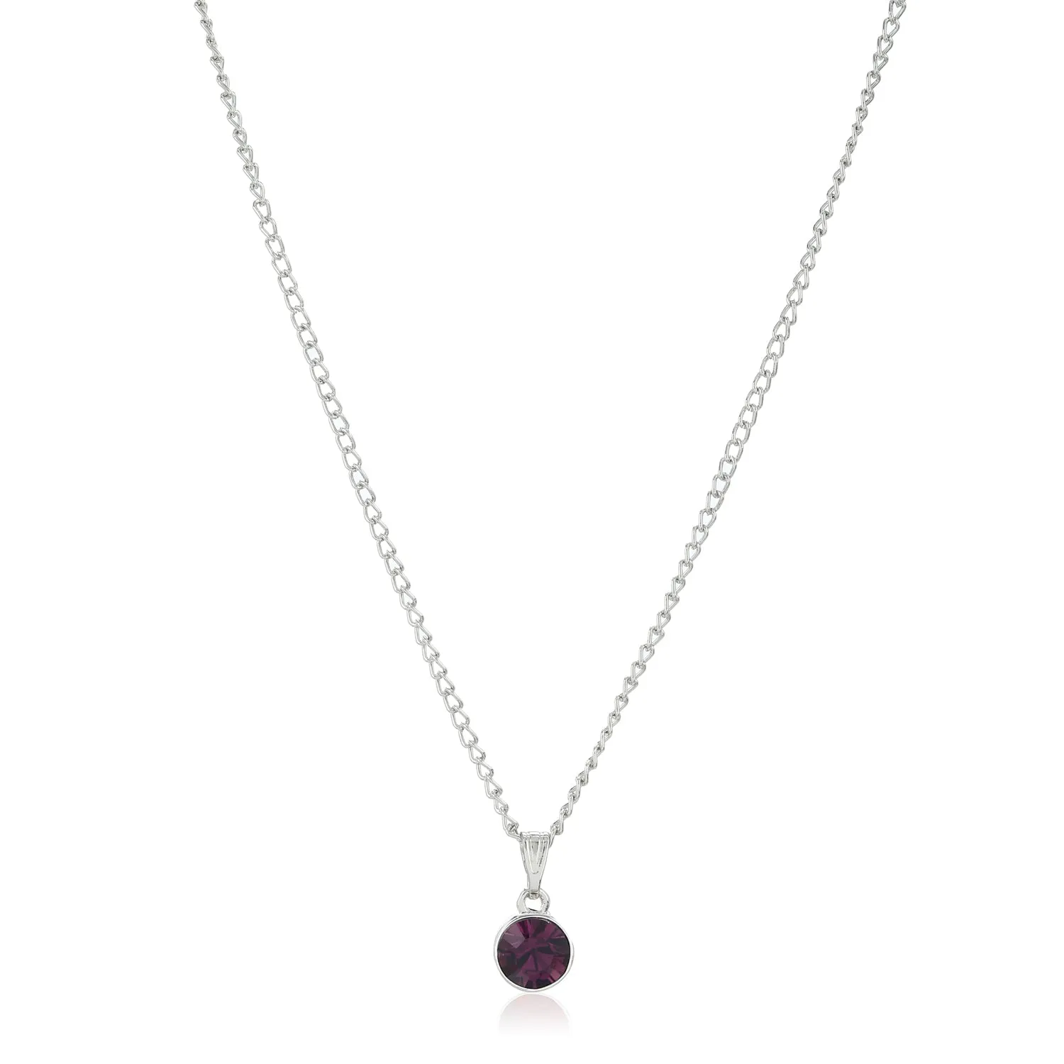 Estele Rhodium Plated Solitaire Amethyst Crystal Pendant Necklace with Chain for Women / Girls