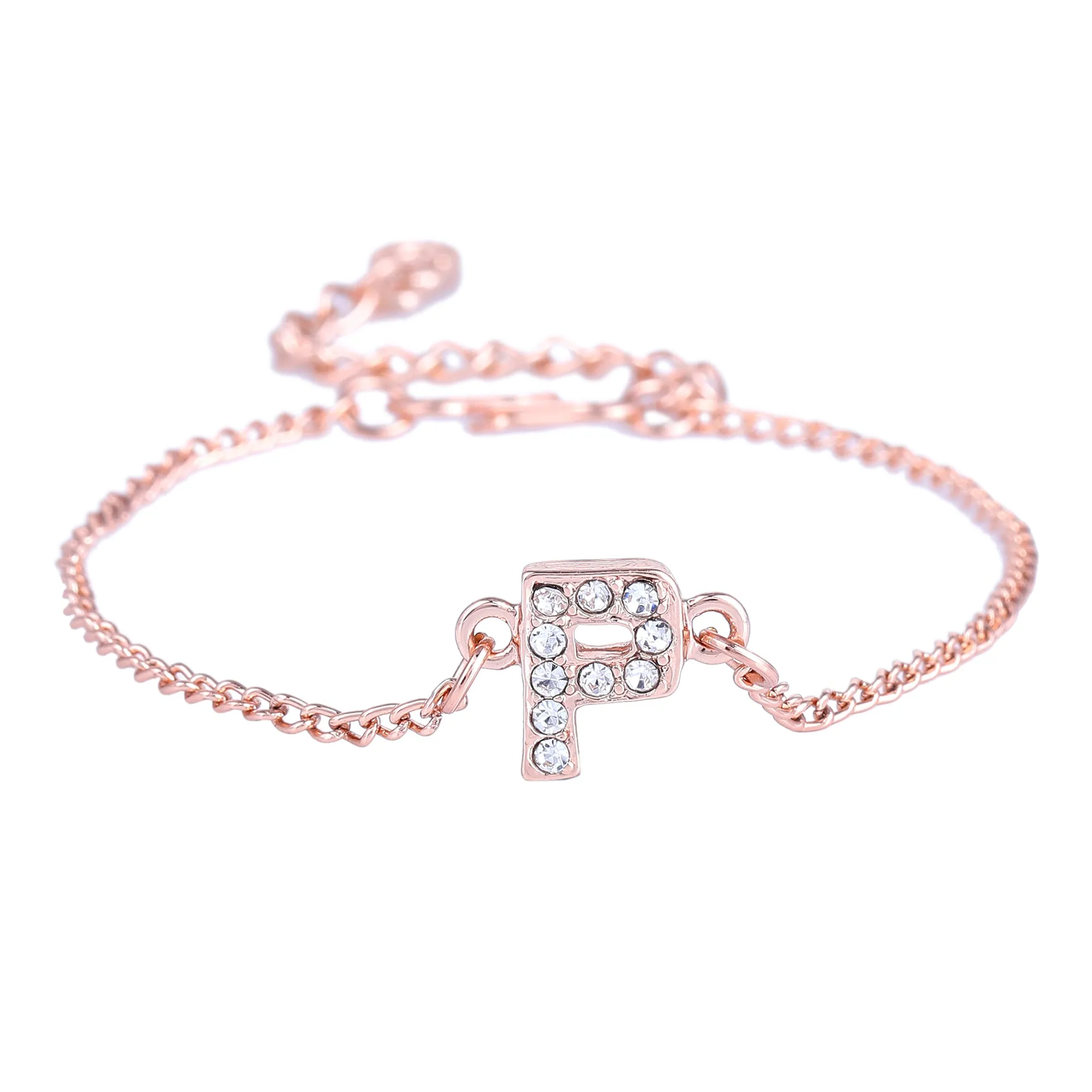 Estele Rose Gold Plated Captivating Medium 'P' Letter Bracelet with Crystals for Women