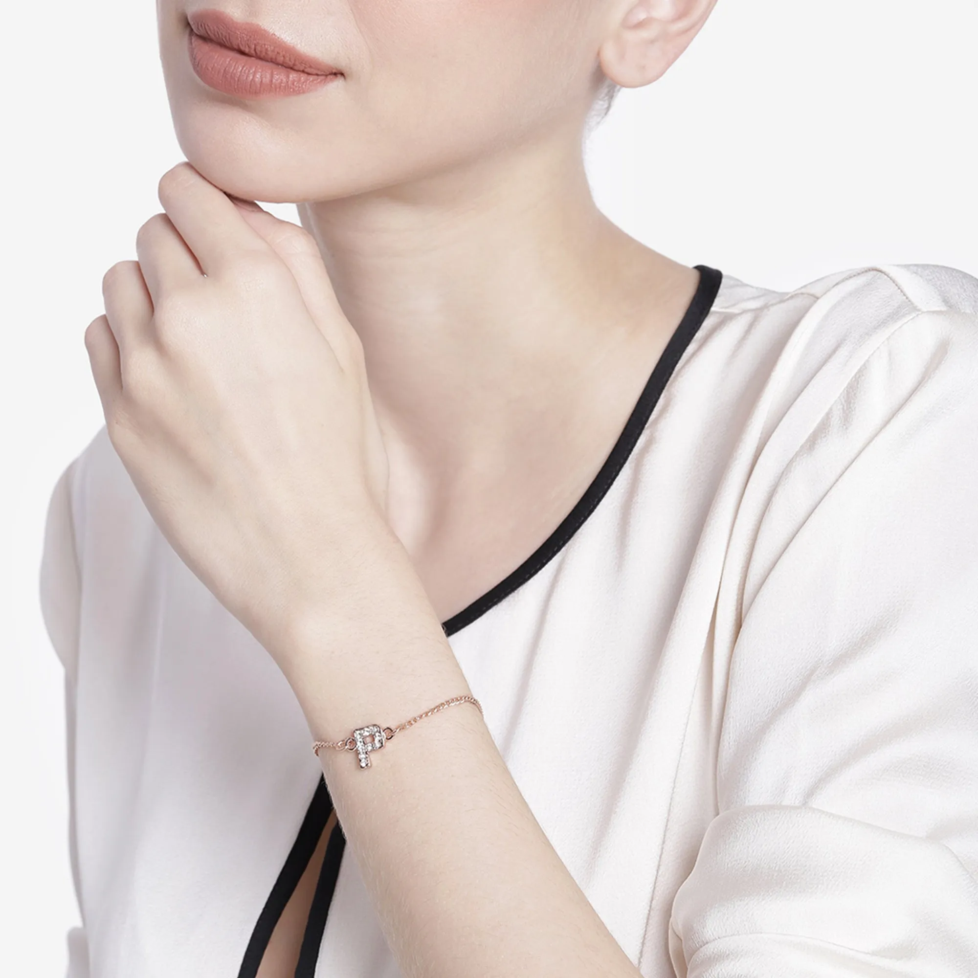 Estele Rose Gold Plated Captivating Medium 'P' Letter Bracelet with Crystals for Women