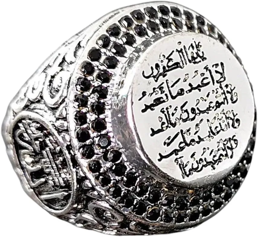 Exotic Style Retro Silver Color Inlaid Multi-Color Zircon Finely Carve Islamic Faith Scripture Ring Men Fashion Domineering Ring