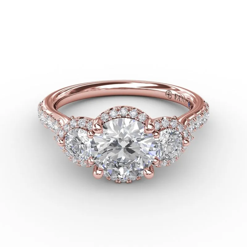 Fana Three-Stone Round Diamond Halo Engagement Ring