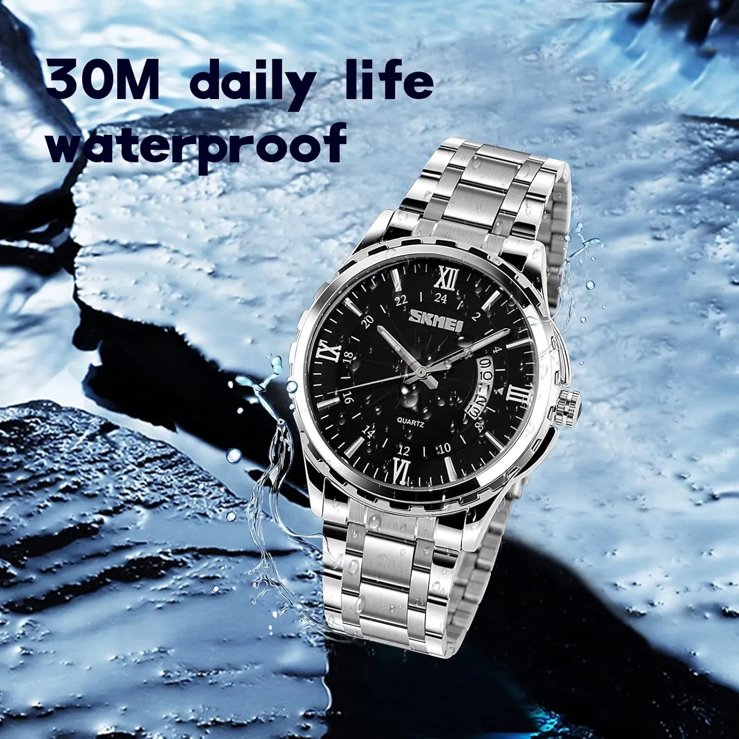 FANMIS Mens Classic Casual Quartz Watch Luminous Hand Stainless Steel Band Roman Numeral Date Watch