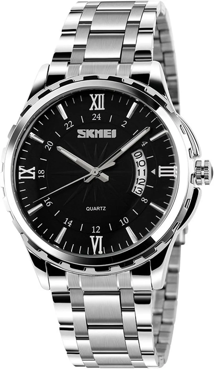 FANMIS Mens Classic Casual Quartz Watch Luminous Hand Stainless Steel Band Roman Numeral Date Watch