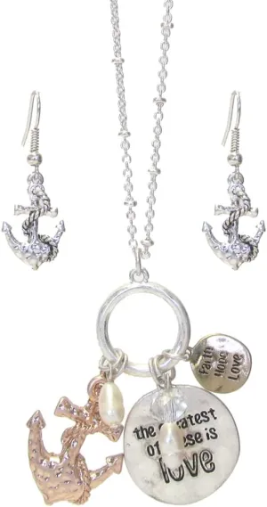 Fashion Jewelry ~ Tri-tone Multi Charm Faith Hope Love Anchor Pendant Necklace and Earrings Set Casual
