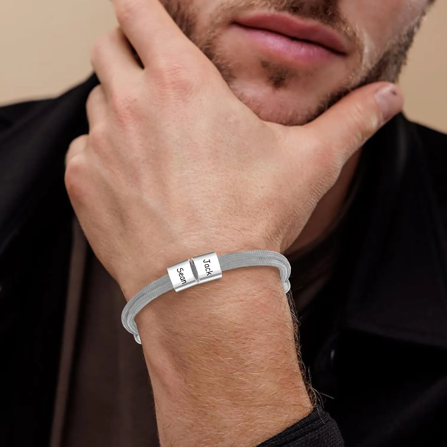Fathers Day Bracelet with Kids Name,Gifts For Dad/Husband,Custom Mens Bracelet,Personalized Engraved 1-5 Stainless Steel Beads Bracelet with Adjustable Sailing Rope