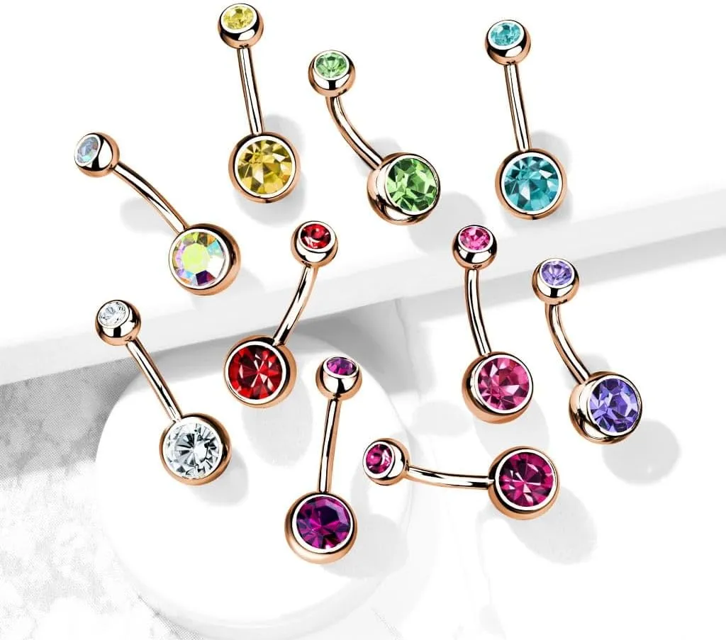 FIFTH CUE 14G & 16G Double Jeweled Basic Navel Ring Rose Gold IP Over 316L Surgical Steel