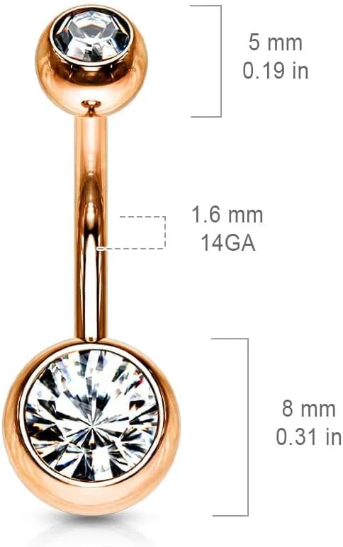 FIFTH CUE 14G & 16G Double Jeweled Basic Navel Ring Rose Gold IP Over 316L Surgical Steel