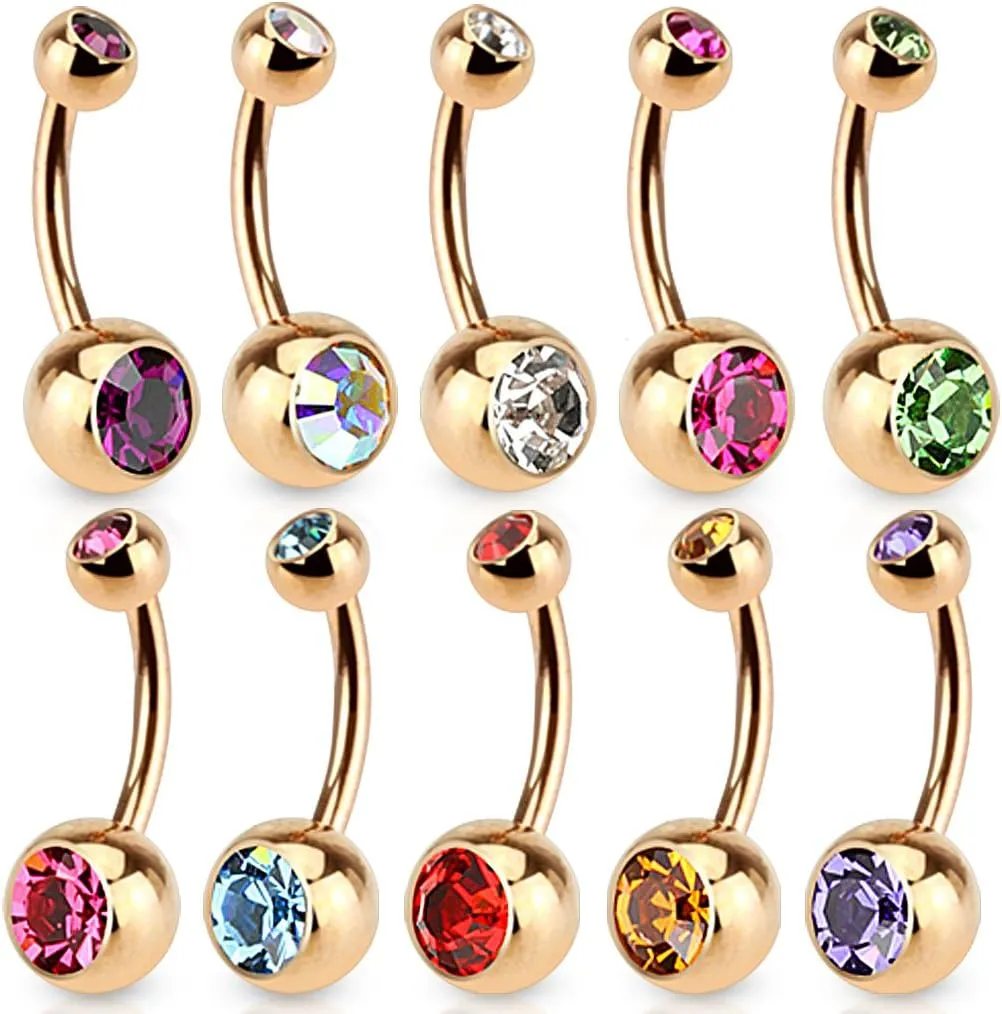 FIFTH CUE 14G & 16G Double Jeweled Basic Navel Ring Rose Gold IP Over 316L Surgical Steel