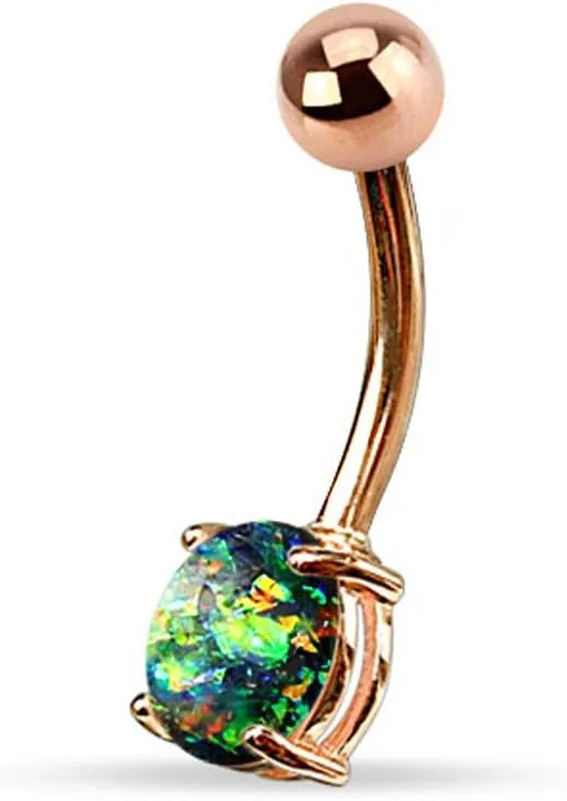 FIFTH CUE 14G Opal Glitter Prong Set Rose Gold IP Over 316L Surgical Steel Belly Button Ring