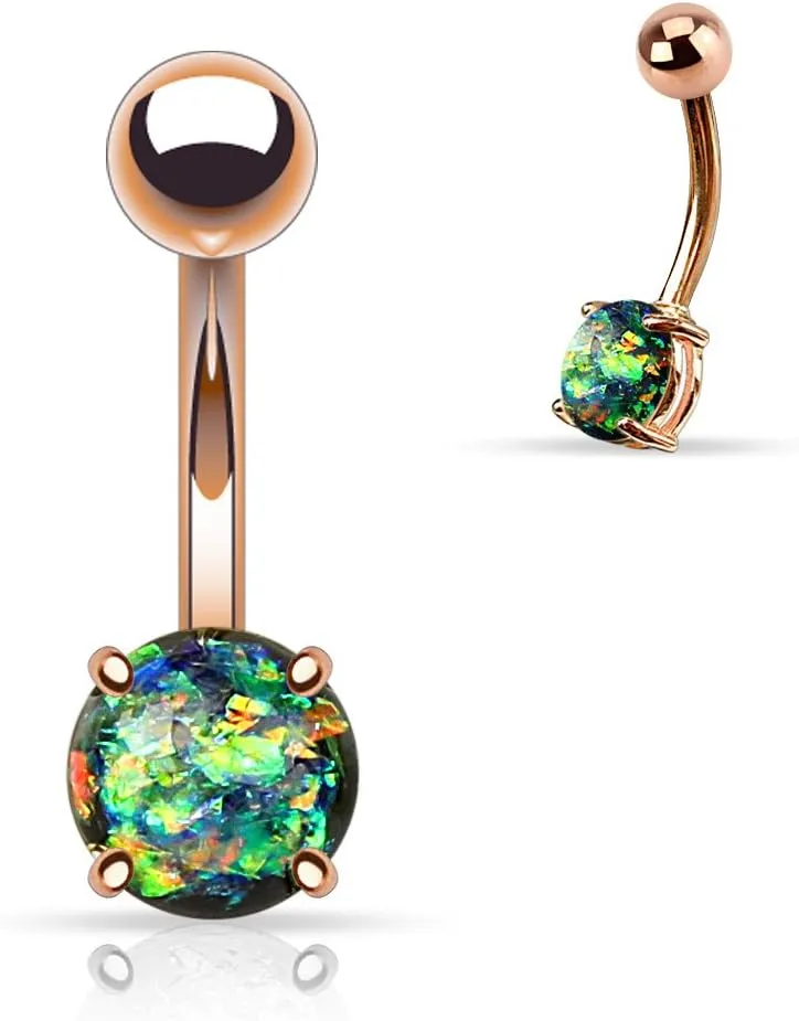 FIFTH CUE 14G Opal Glitter Prong Set Rose Gold IP Over 316L Surgical Steel Belly Button Ring