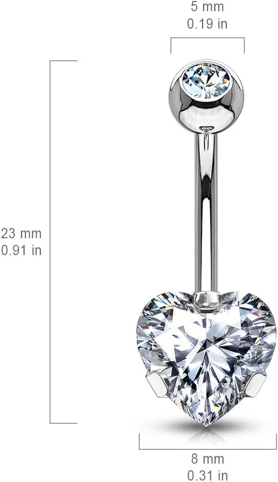 FIFTH CUE 14G Prong Set 8mm Heart CZ 316L Surgical Steel Naval Belly Button Ring