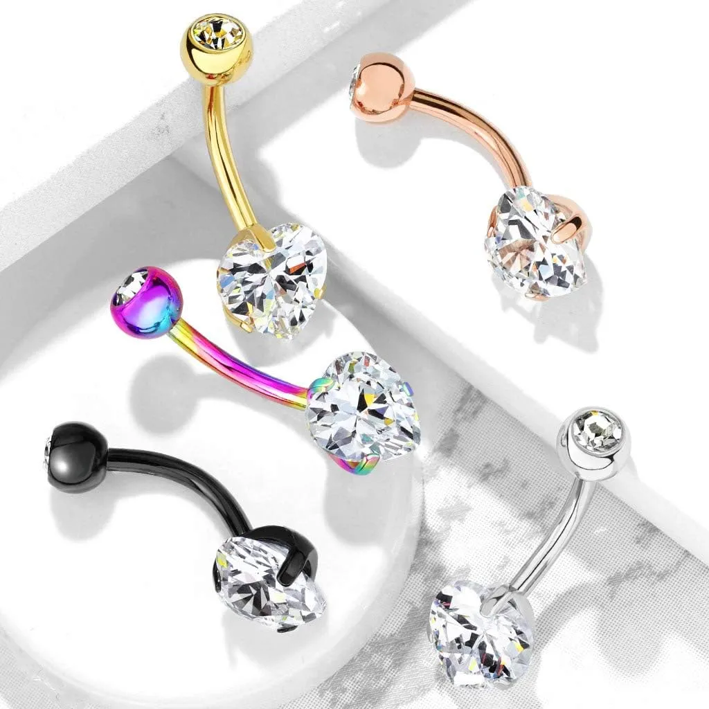 FIFTH CUE 14G Prong Set 8mm Heart CZ 316L Surgical Steel Naval Belly Button Ring