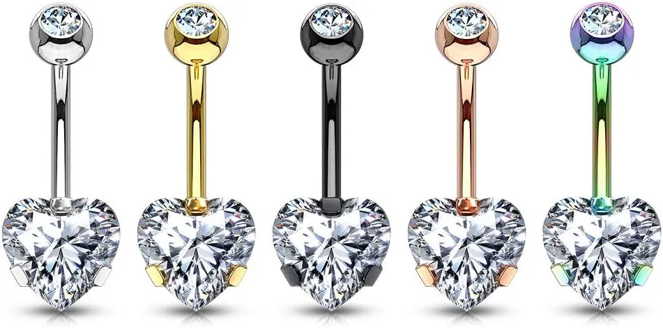 FIFTH CUE 14G Prong Set 8mm Heart CZ 316L Surgical Steel Naval Belly Button Ring